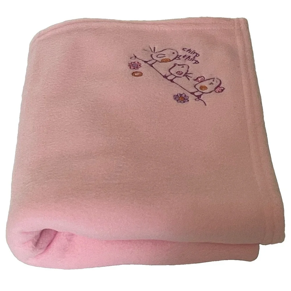 Fisher-Price Pink Fleece Baby Blanket embroidered Birds Chirp Chirp 30x40 HTF
